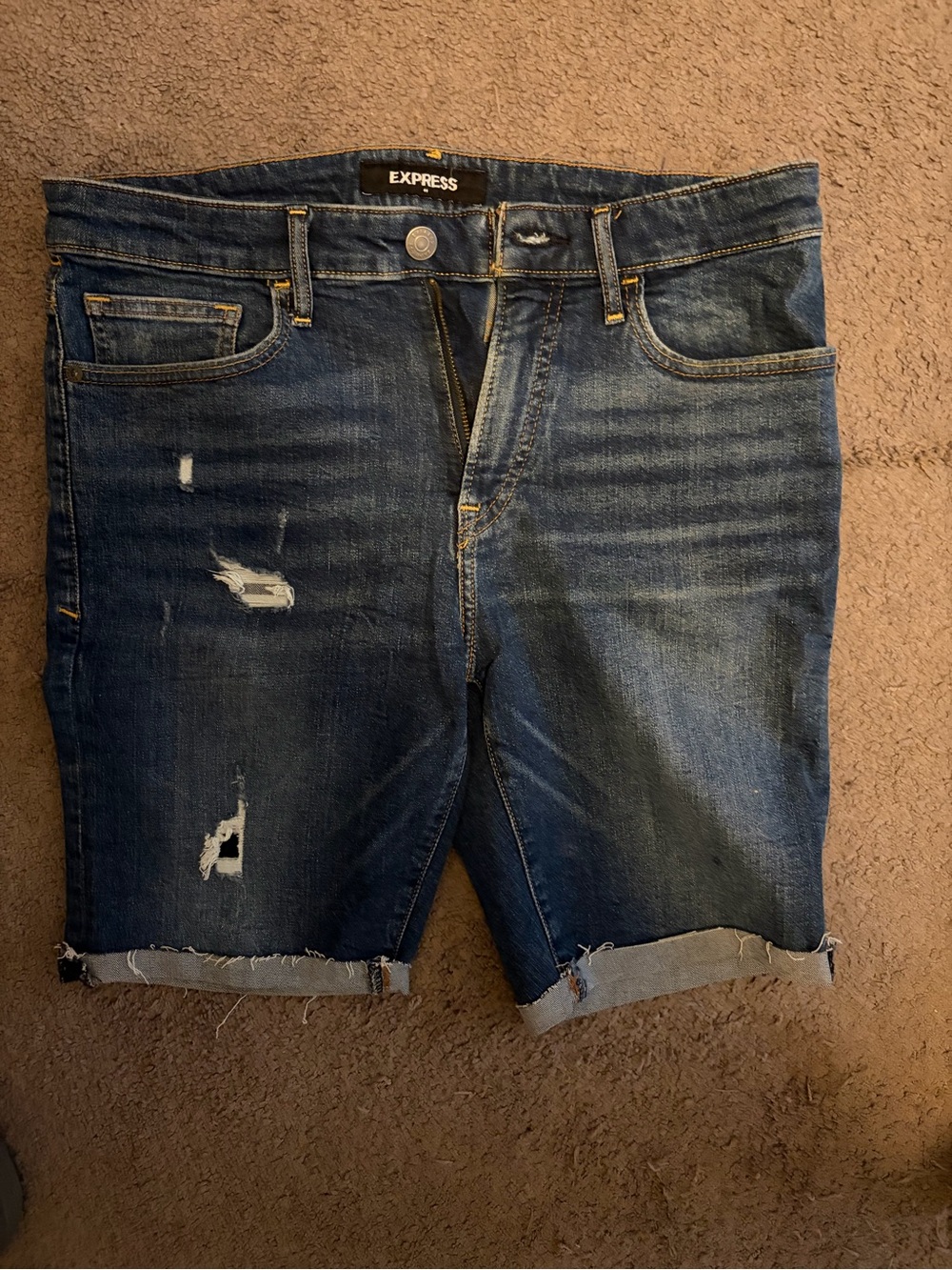 Express Men’s Blue Distressed Denim Jean Shorts